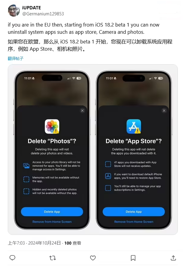 宜都苹果手机维修分享iOS 18.2 支持删除 App Store 应用商店 